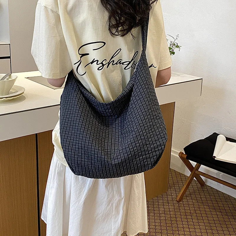 Women's Plaid Canvas Tote Bag – Korean Style Crossbody