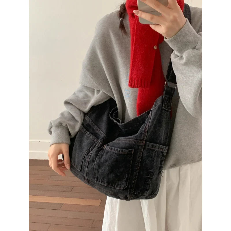 Denim Patchwork Crossbody Bag | Japanese Retro Messenger Bag