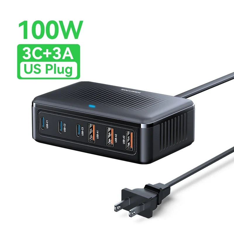 Rocoren 100W GaN Charger 6-Port Desktop Fast Charging Station