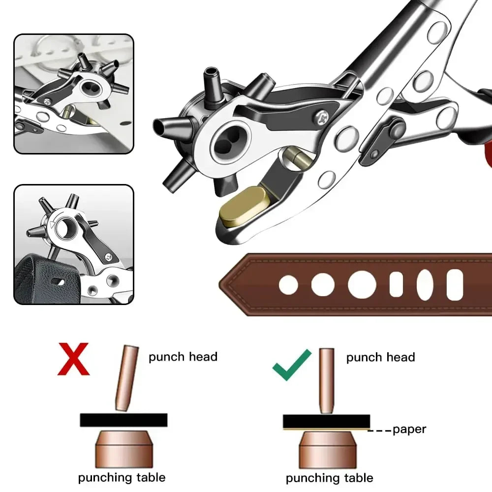 Heavy Duty Leather Hole Punch – 6-Size Revolving Belt Puncher