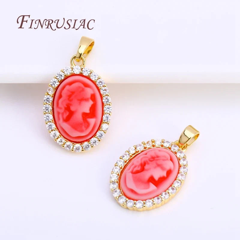 18K Gold Plated Zircon Oval Cameo Pendant Charms – 3 Colors