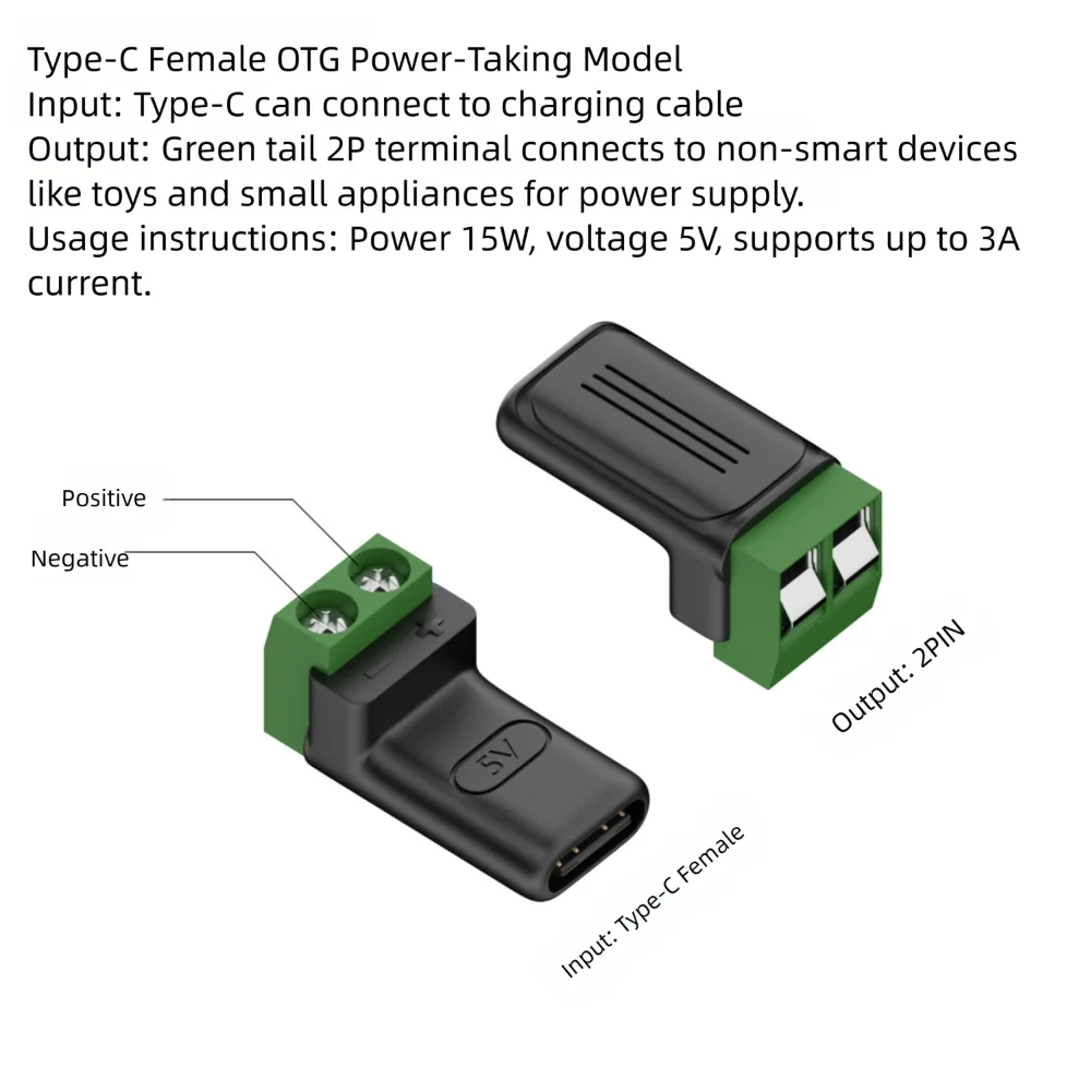 Solderless USB-C to 2-Pin Terminal Block Adapter 5V Screw Type