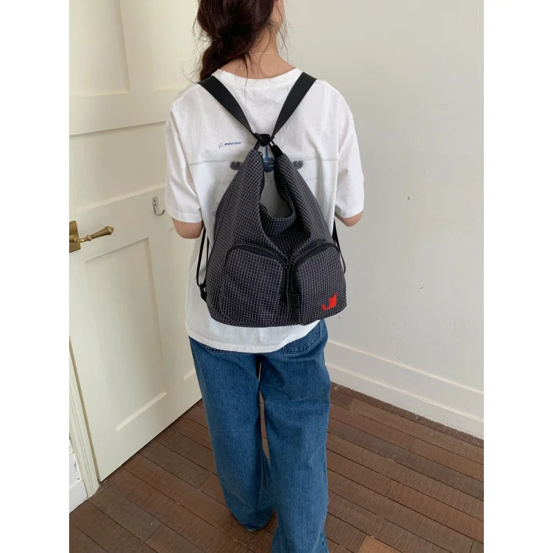 Plaid Multi-Pocket Canvas Backpack – Large Capacity Women's Bag