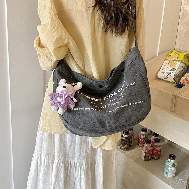 Women's Letter Print Canvas Tote Bag | Large Crossbody
