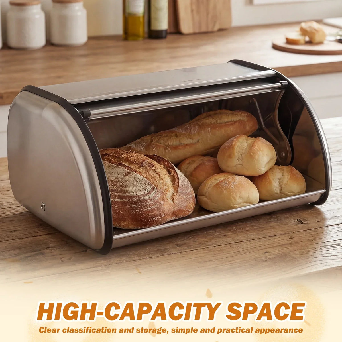 Stainless Steel Bread Box Large Capacity Flip-Top Lid Organizer