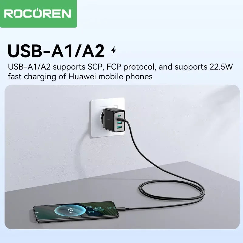Rocoren GaN 45W 4-Port Fast Charger USB-C USB-A iPhone Samsung