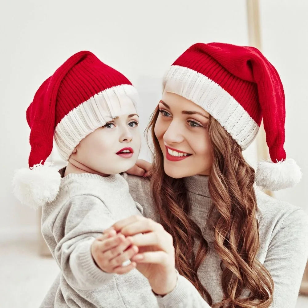 Red Knit Christmas Santa Hat – Windproof Winter Hat Kids & Adult