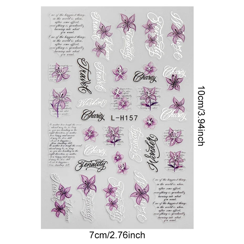 Purple Lily Floral Nail Stickers & Cursive Letter Decals – 2pcs