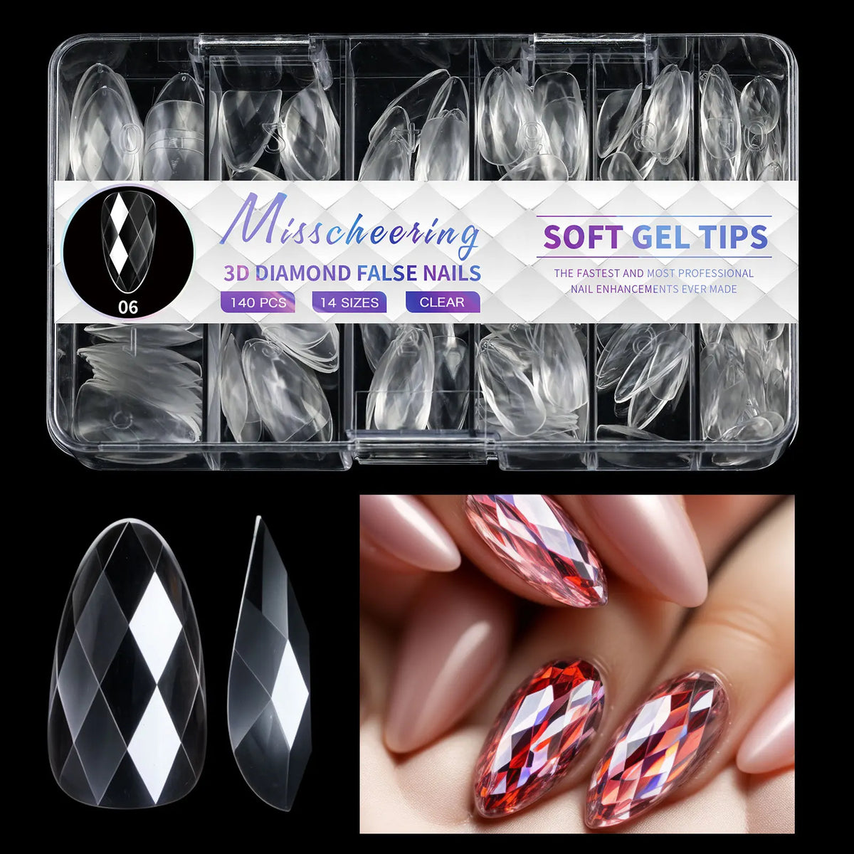 3D Diamond Almond Ballet Press On Nails – Long False Nails Set