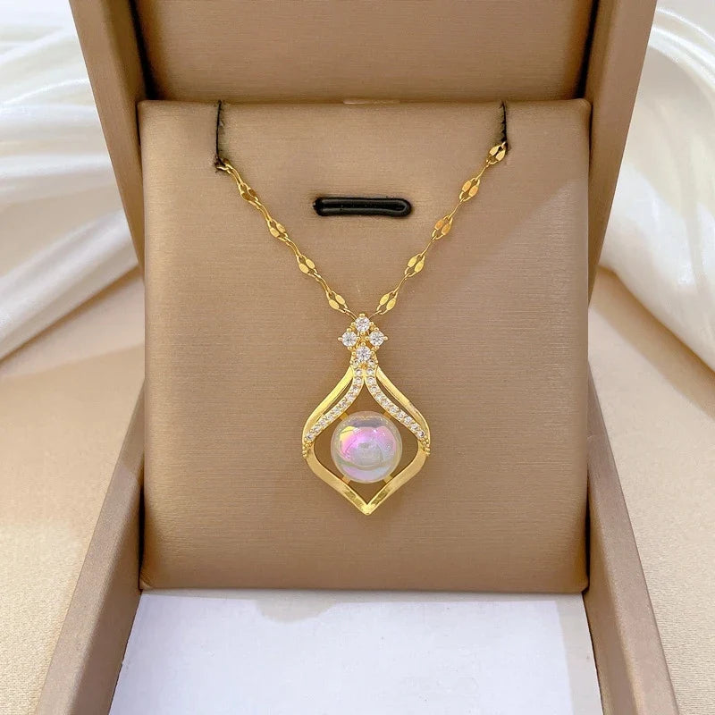 Zirconia Waterdrop Mermaid Pendant Necklace | Gold Steel