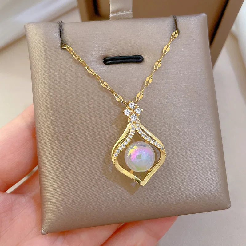 Zirconia Waterdrop Mermaid Pendant Necklace | Gold Steel