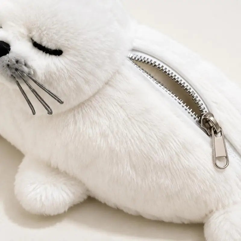 White Plush Seal Pencil Pouch – Zippered Fabric Pencil Case