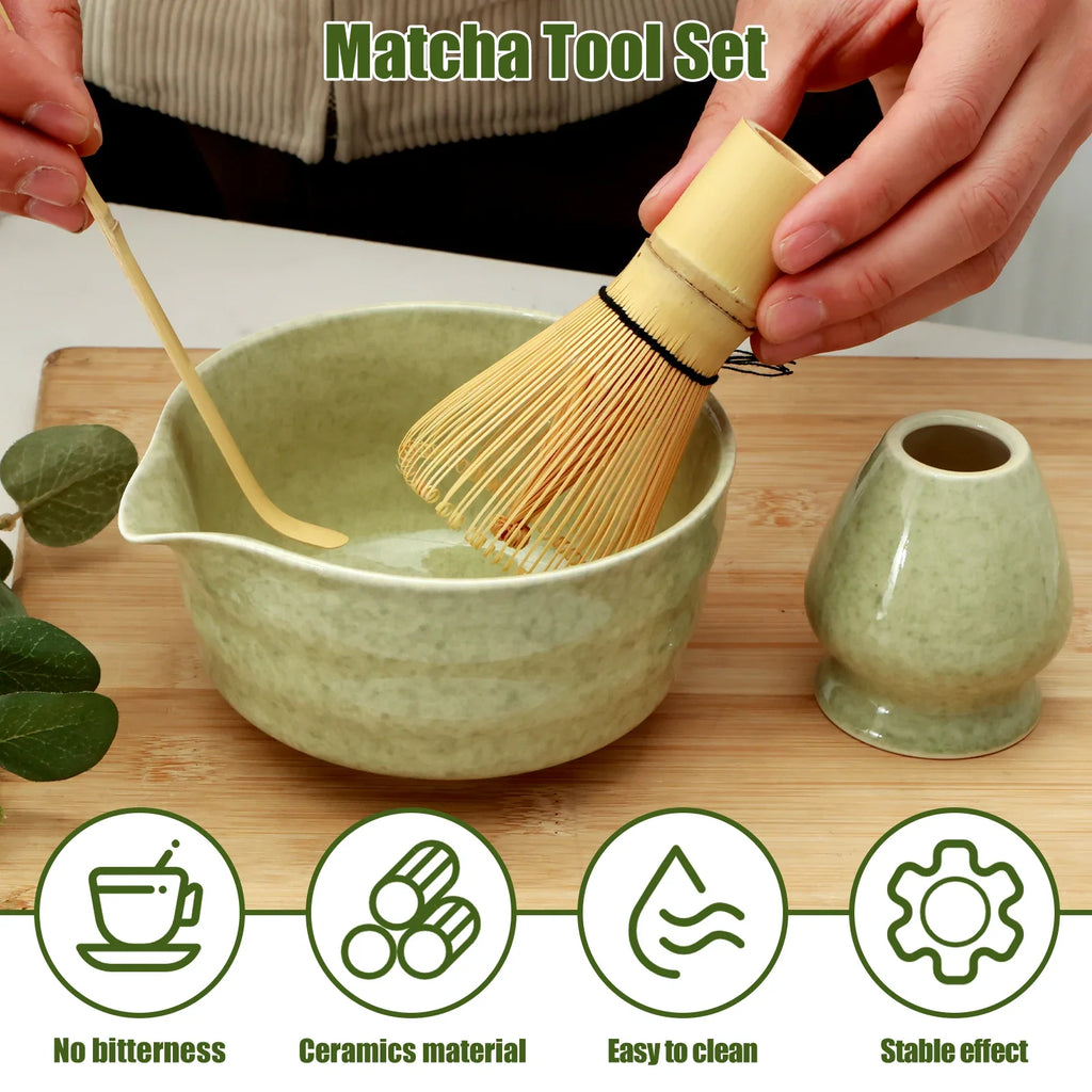4-Piece Japanese Matcha Set – Ceramic Bowl & Bamboo Whisk