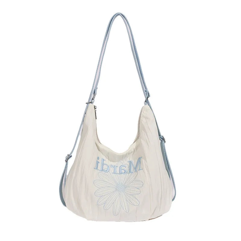 Korean Floral Embroidered Canvas Tote Bag | Large Shoulder Bag