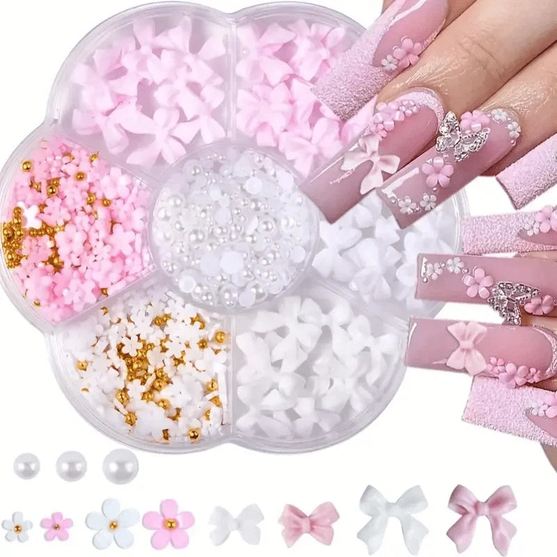 500PCS 3D Nail Art Kit – Resin Bows, Pearls & Shapes