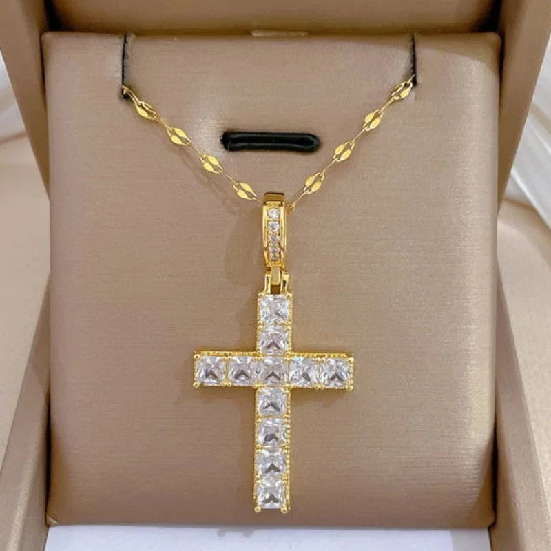 Women's Gold Cross Pendant Necklace – Stainless Steel Choker