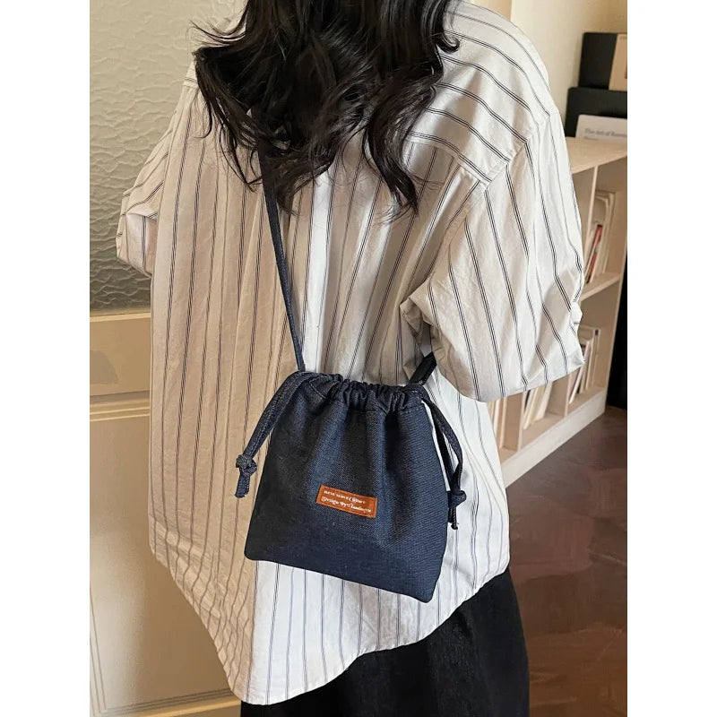 Women's Denim Drawstring Bucket Bag – Crossbody Shoulder