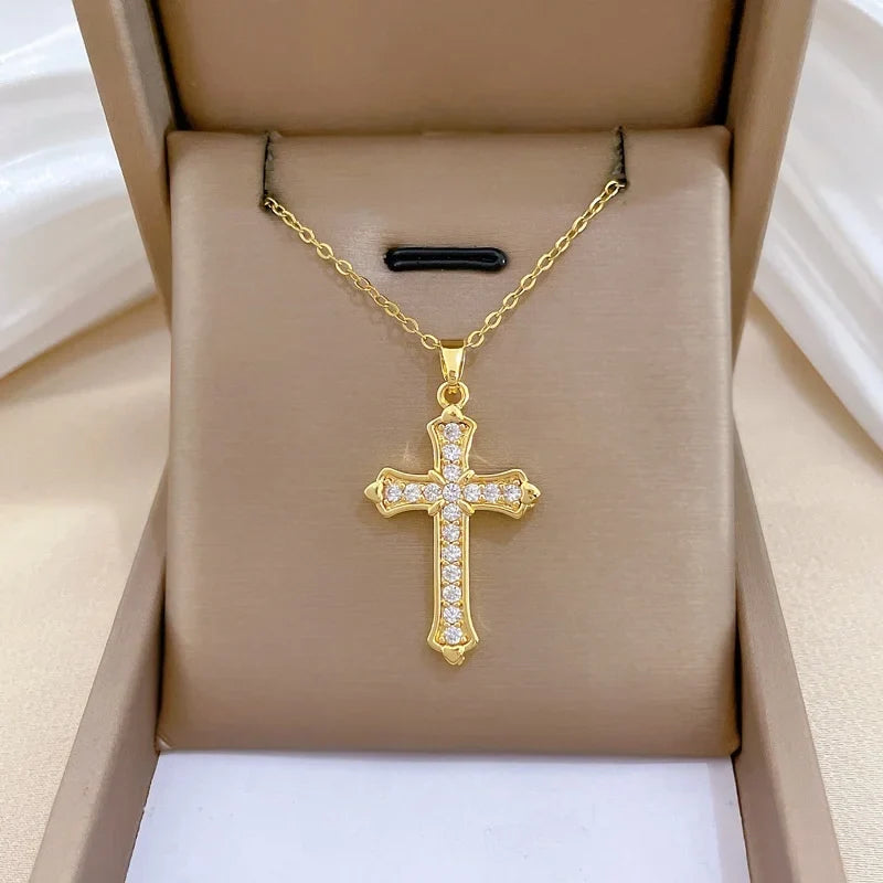 Women's Gold Cross Pendant Necklace – Zircon & Stainless Steel