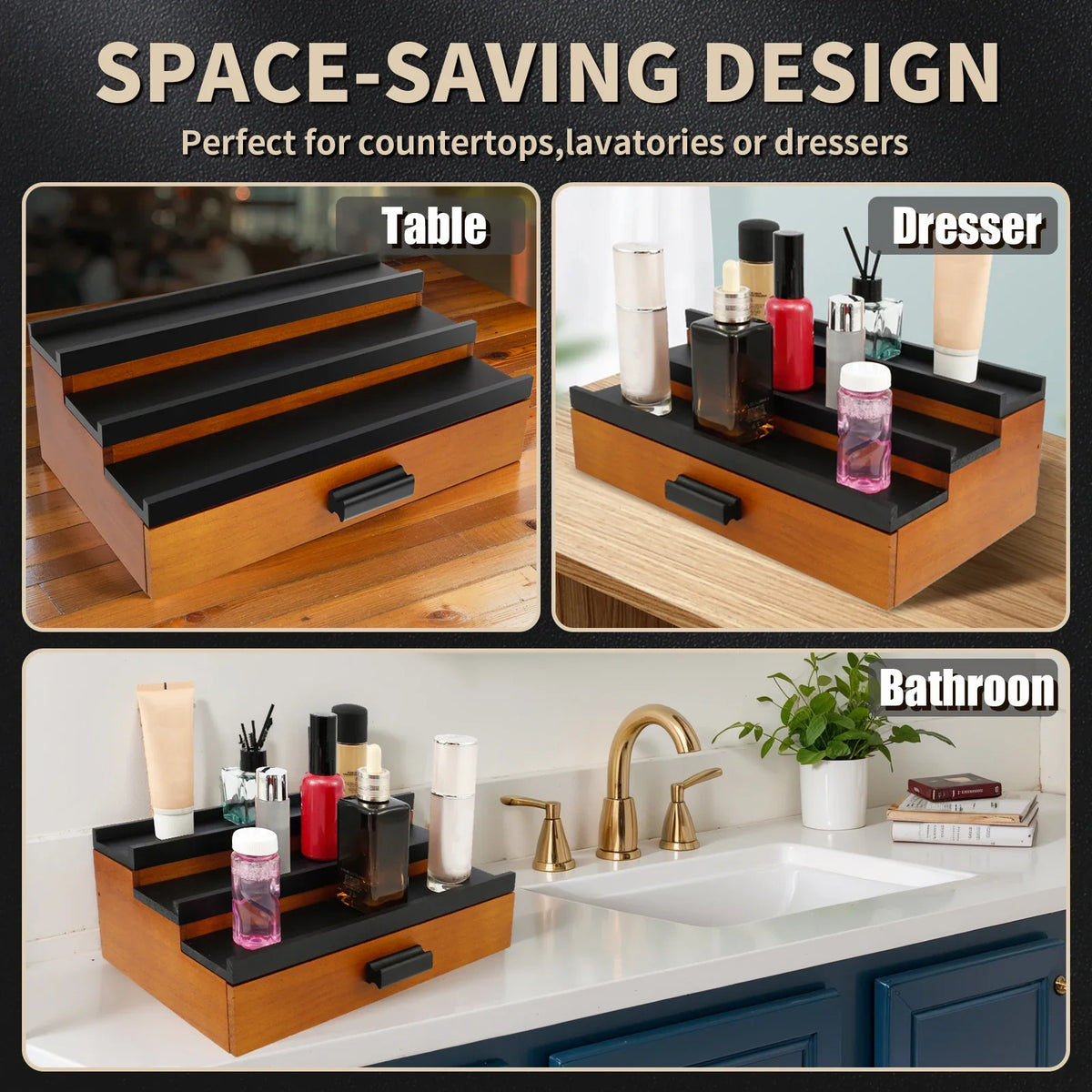 3-Tier Wood Cologne & Perfume Organizer Stand with Drawer