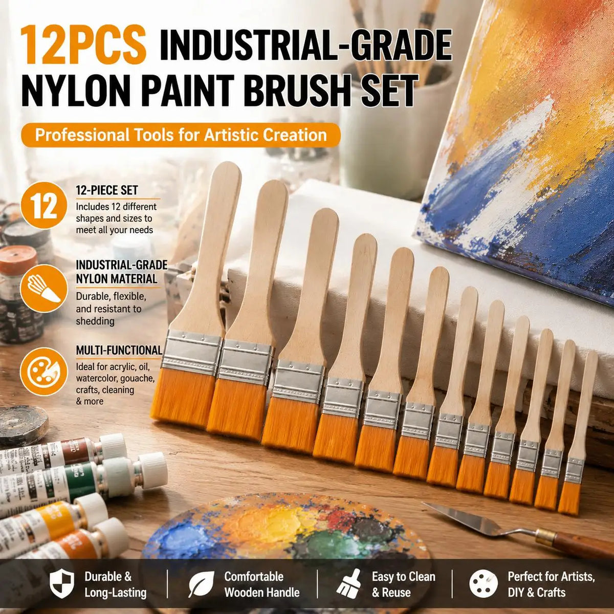 STONEGO 12-Pc Nylon Paint Brush Set – Acrylic Oil Watercolor