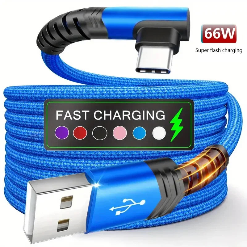 90° USB-A to USB-C 60W Fast Charging Cable 3M Nylon Braided