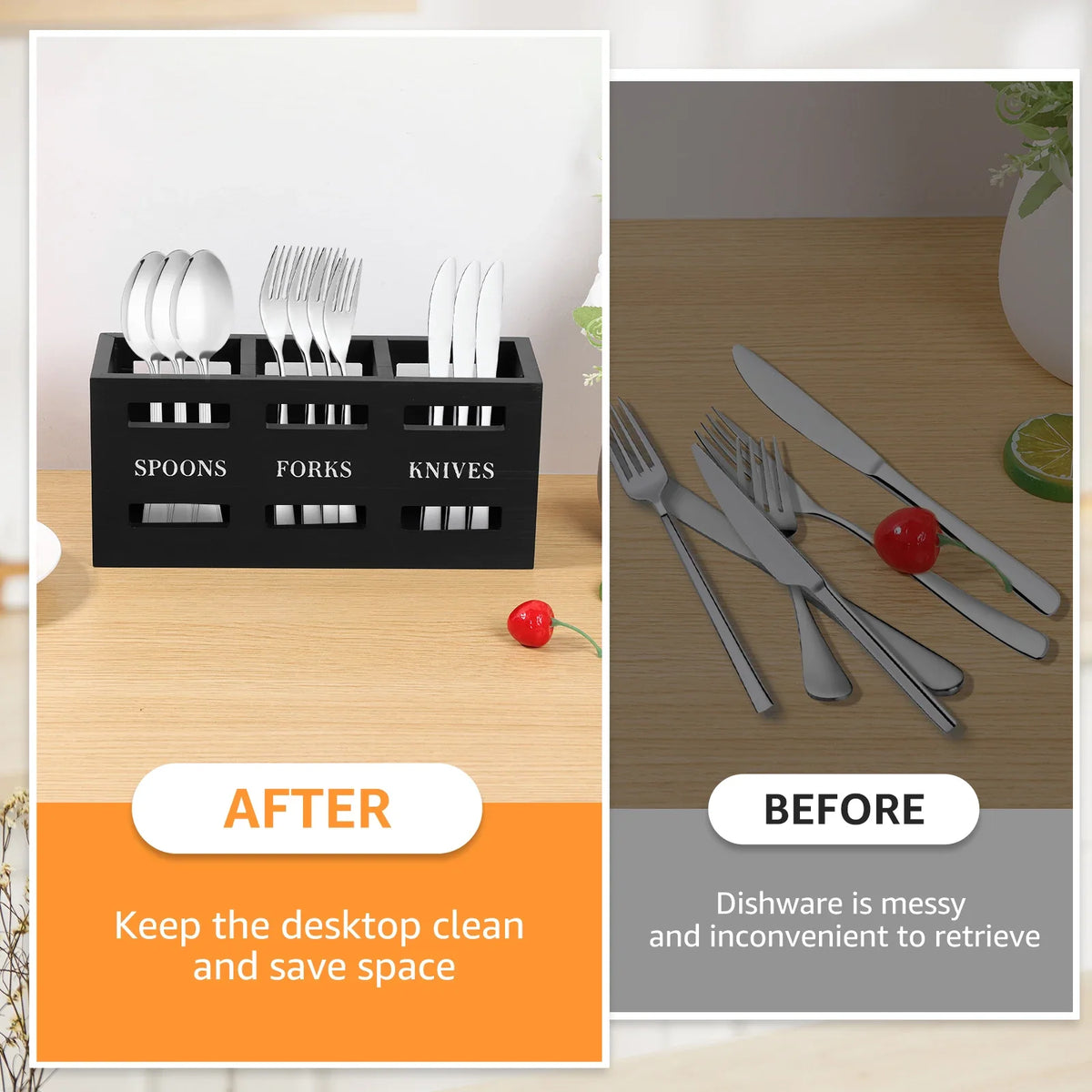 Wood Utensil Caddy – 3-Compartment Silverware Organizer