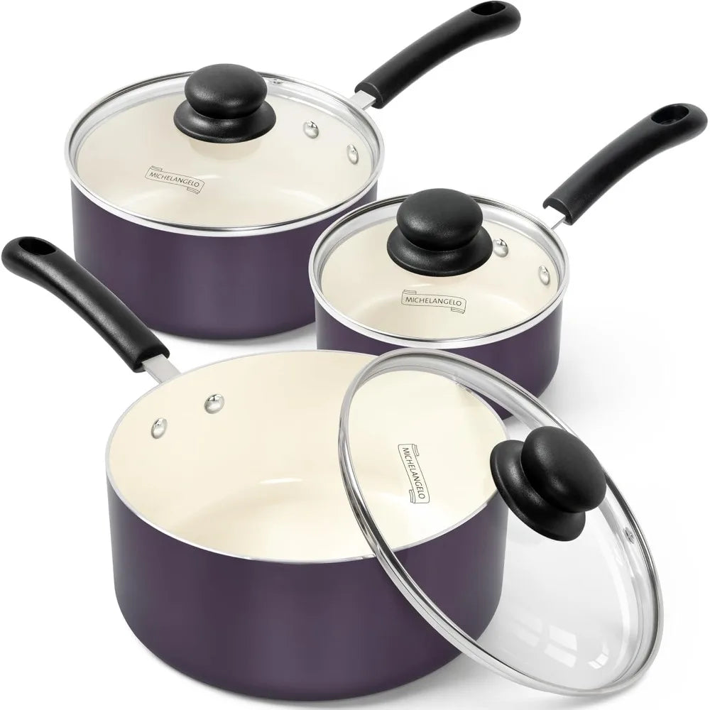 MICHELANGELO 3-Pc Nonstick Ceramic Saucepan Set 1QT 2QT 3QT