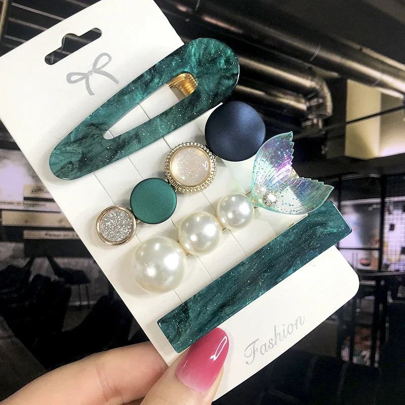 Pearl Crystal Hair Clips Set – Korean Geometric Barrettes