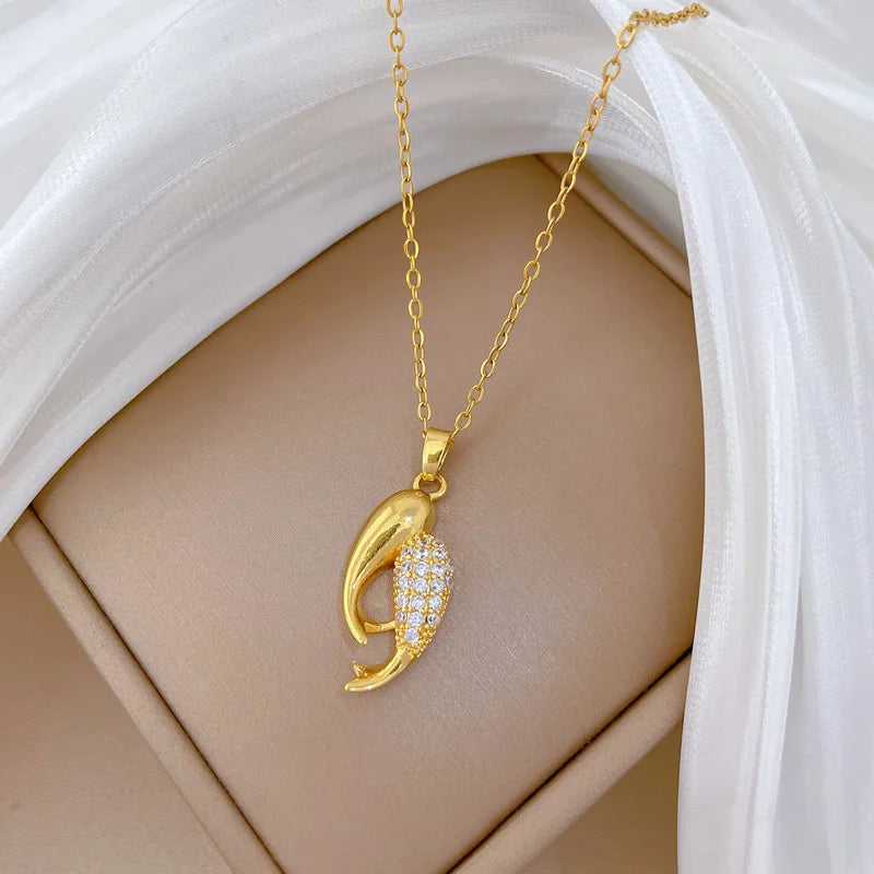 Double Fish Pendant Necklace – Gold Stainless Steel Choker