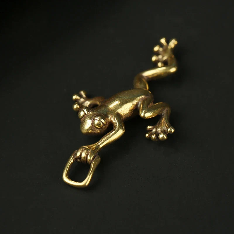 Solid Brass Leaping Frog Miniature Statue Keychain & Décor