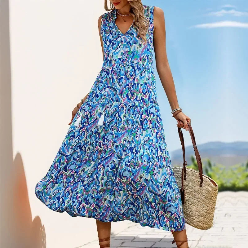 Women's Sleeveless Viscose Boho Floral Maxi Dress | Beach Vacation