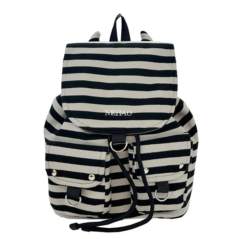 Korean Striped Canvas Drawstring Backpack – Casual School Travel Bag