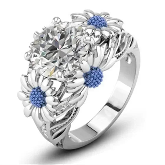 Women's Daisy Zircon Silver Ring | Light Blue White | Sizes 6–10