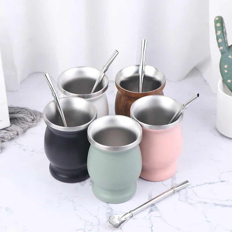Stainless Steel Yerba Mate Gourd Cup 8oz Set with Bombillas