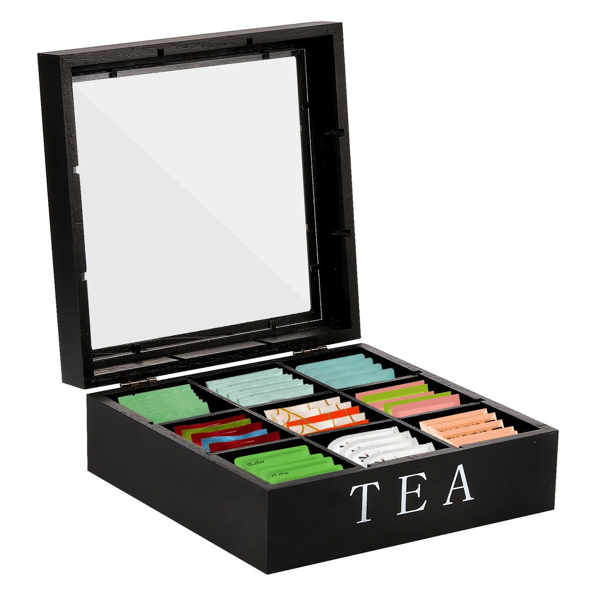 Wooden Tea Bag Organizer – 9 Compartments & Clear Lid