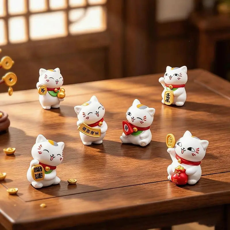 Mini Lucky Cat Figurines 6 PCS Set – Desk & Home Decor