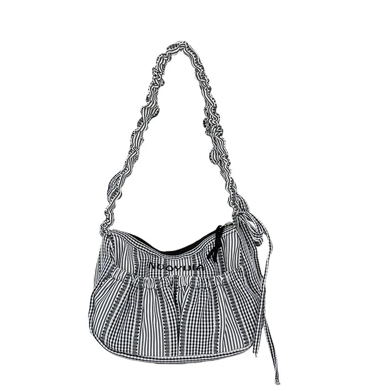 Blue White Plaid Lace Drawstring Crossbody Shoulder Bag