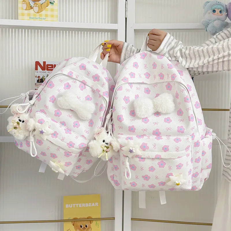 Bowknot Flower Print Canvas Backpack for Girls & Students