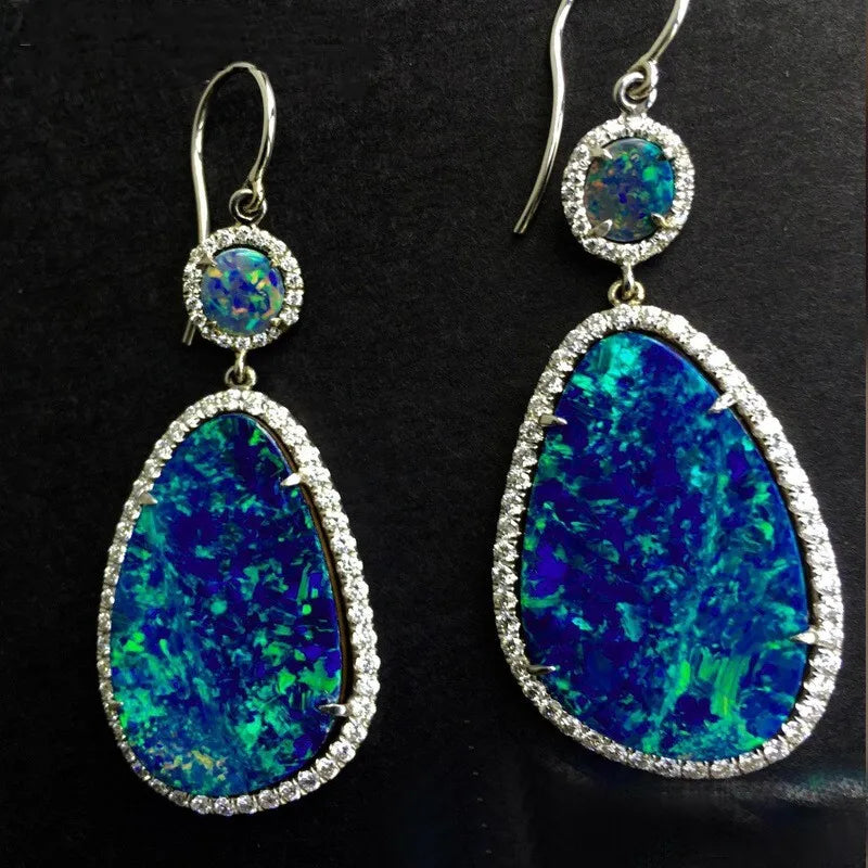 Water Drop Simulated Opal Dangle Earrings – Blue Crystal