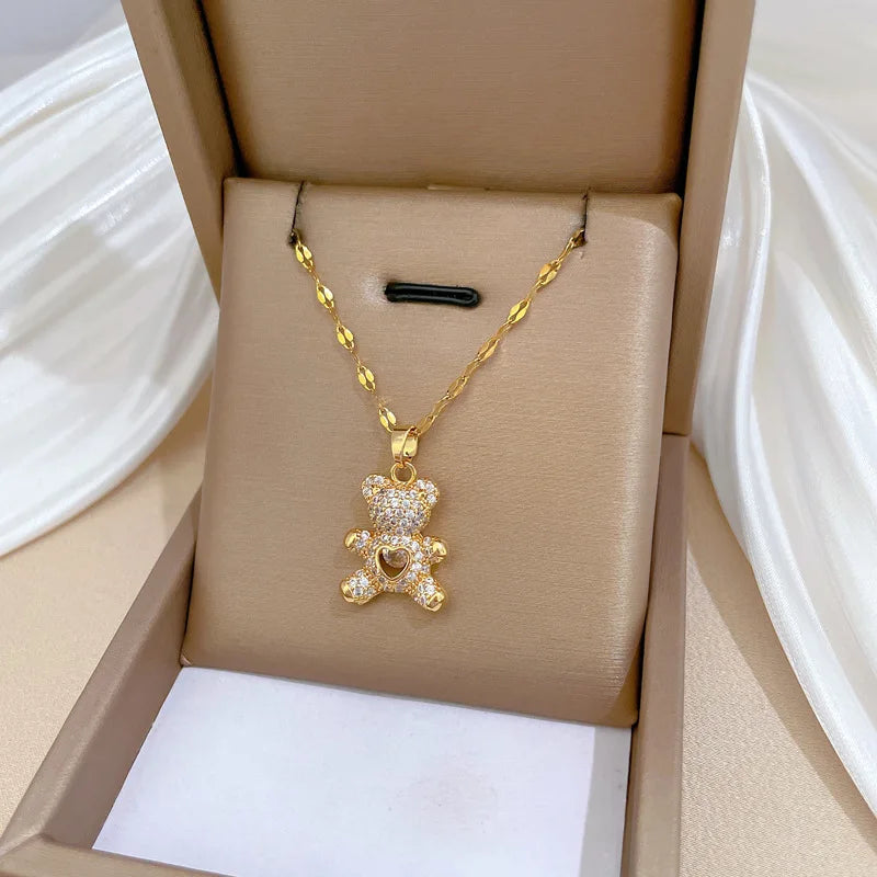 Heart Bear Pendant Gold Choker Necklace – Stainless Steel
