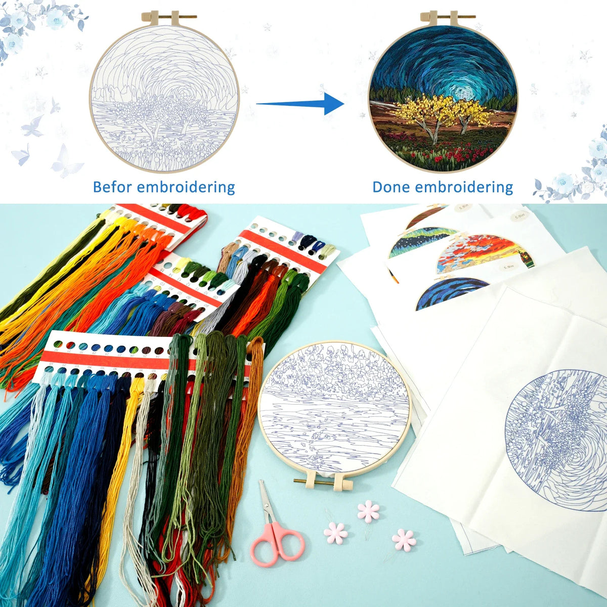 4-Piece Embroidery Starter Kit – Stamped Pattern & Hoop Set