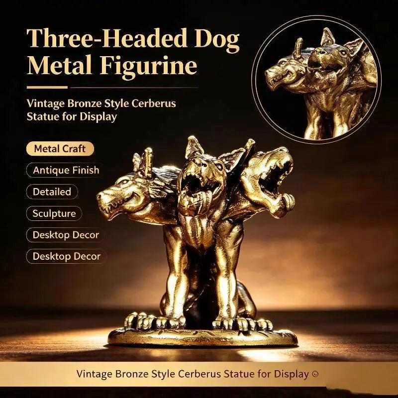 Mini Cerberus Three-Headed Wolf Brass Figurine | Desktop Statue