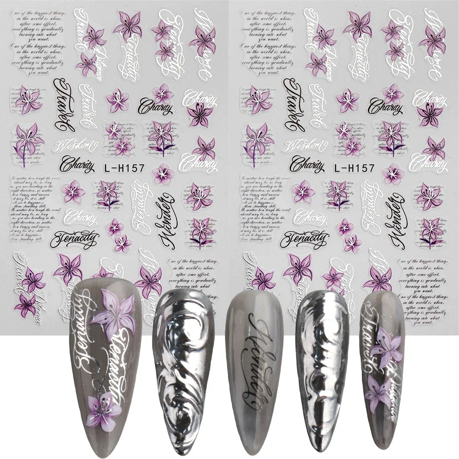 Purple Lily Floral Nail Stickers & Cursive Letter Decals – 2pcs