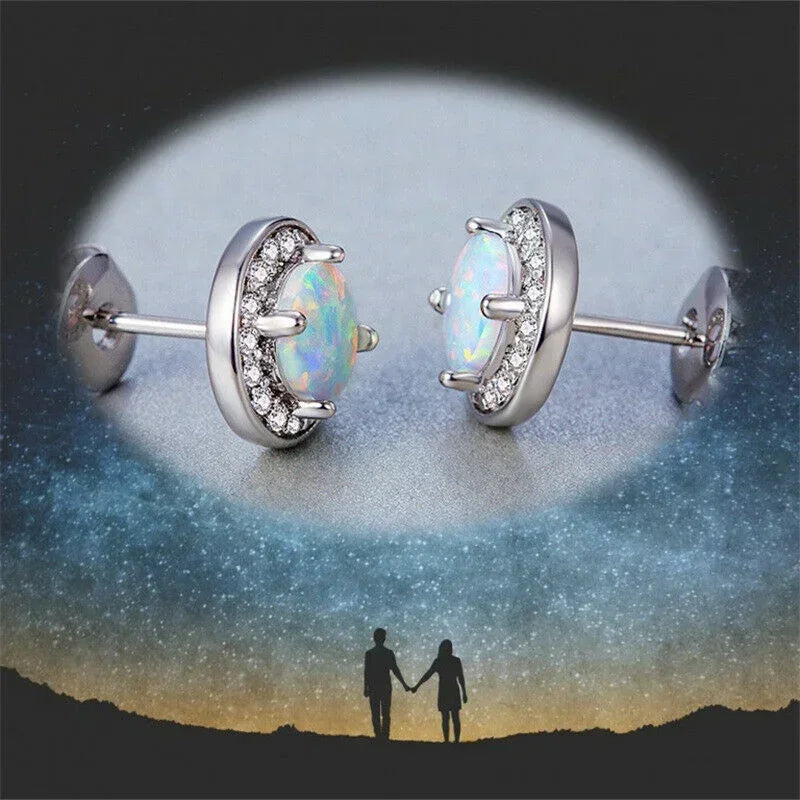 White Simulated Opal Glass Stud Earrings | Vintage Rhinestone
