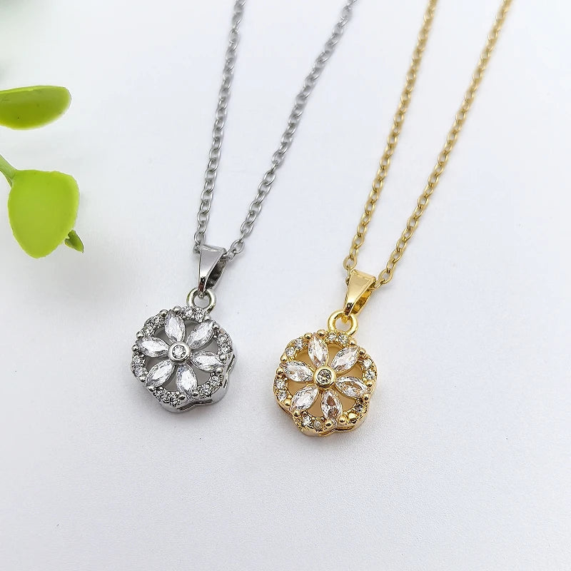 Zircon Flower Pendant Necklace – Gold & Silver Collarbone Chain