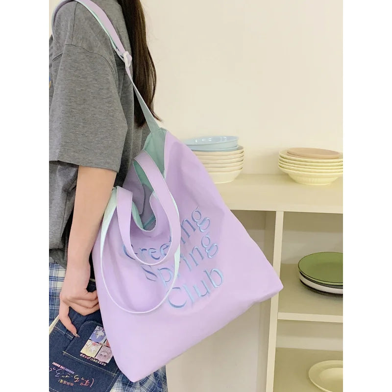 Korean Nylon Double-Sided Tote Bag | Letter Embroidery