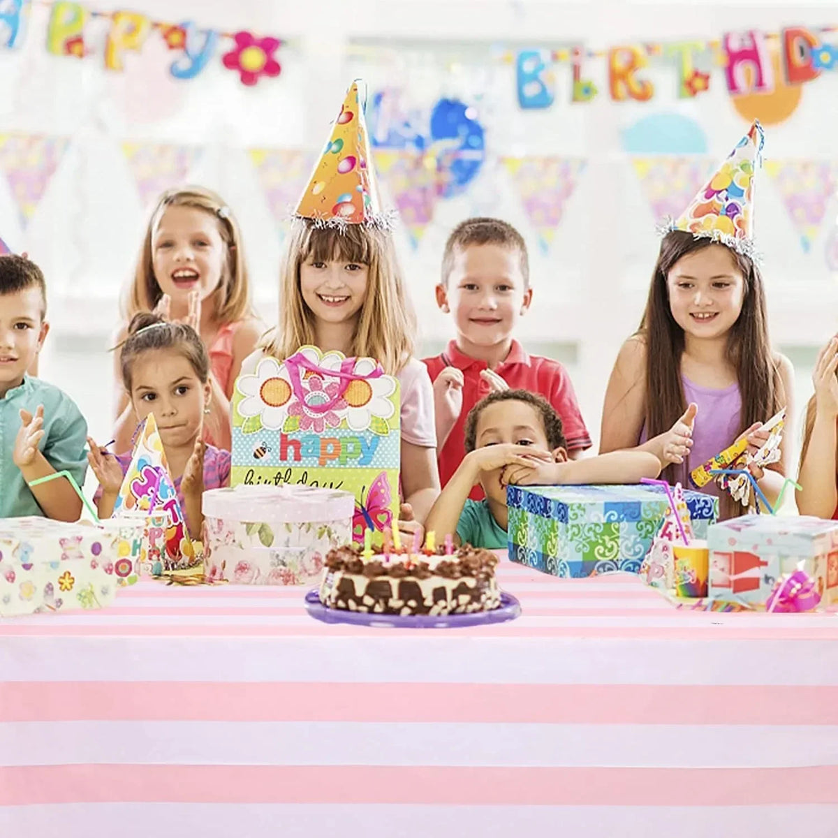 Pink & White Striped Disposable Tablecloth 54x108" Party Cover