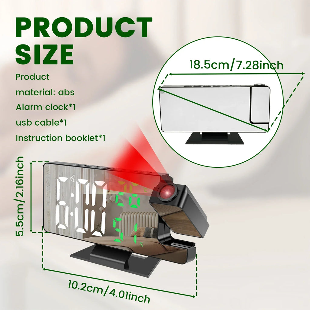 180° Projection Digital Alarm Clock – LED Display & Mirror