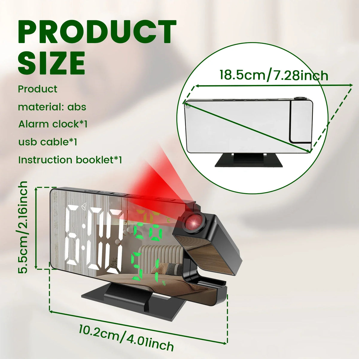 180° Projection Digital Alarm Clock – LED Display & Mirror
