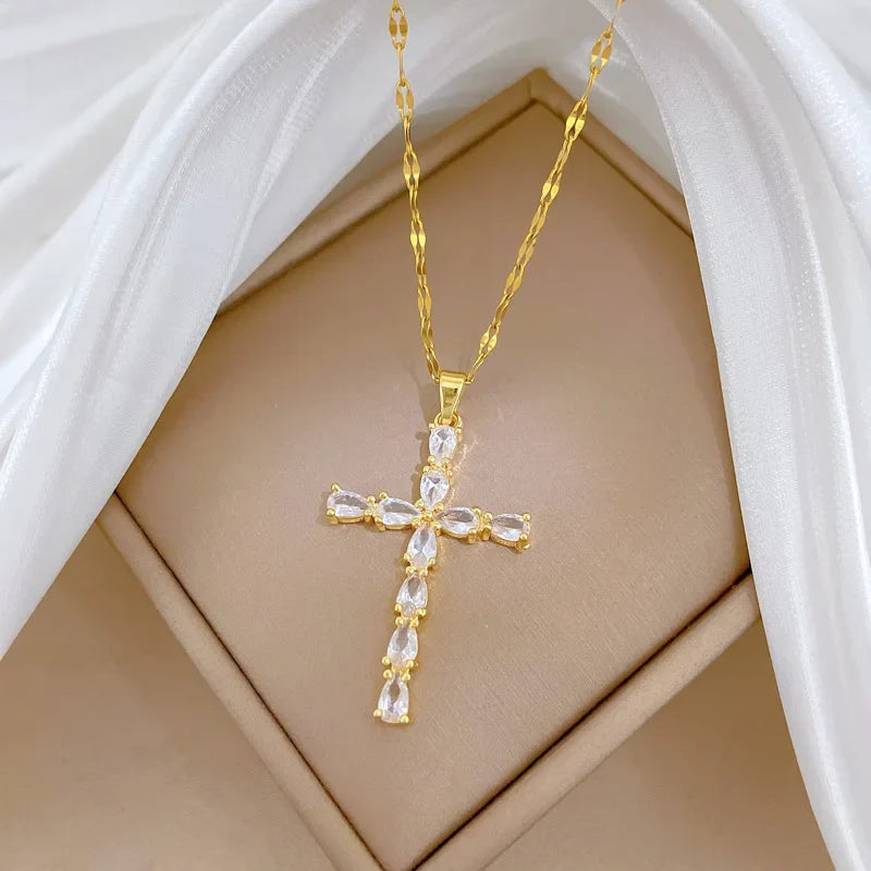 Women's Gold Cross Pendant Necklace | Stainless Steel Choker